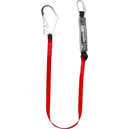 Single leg webbing lanyard with shock absorber, carabiner and scaffold hook